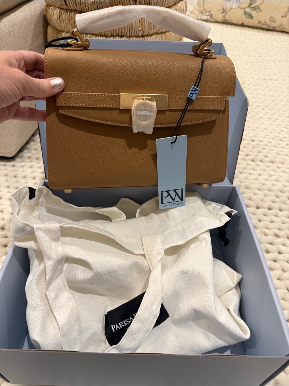 Parisa Wang Tan Leather Structured Satchel with Top Handle